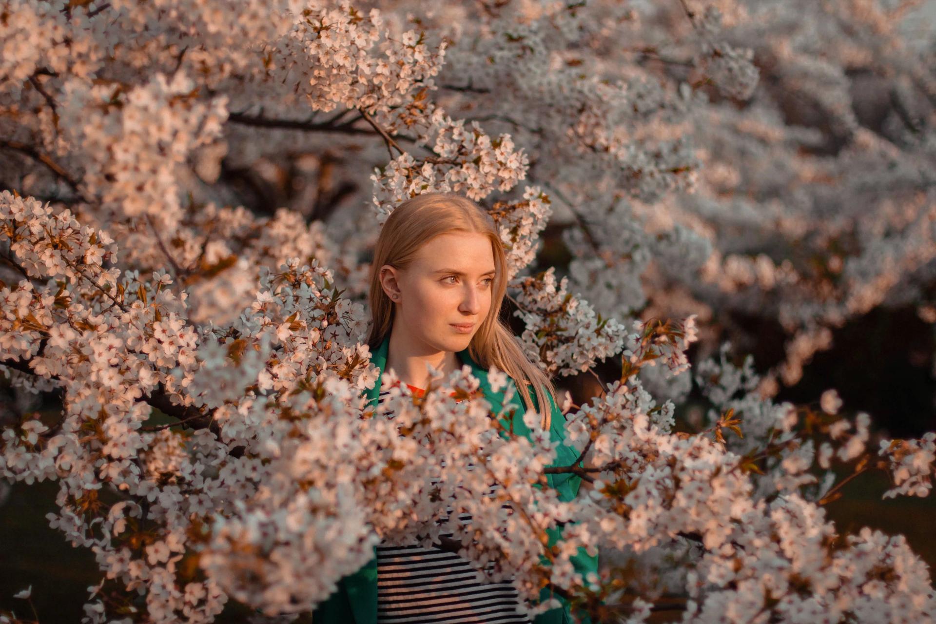 A Girl next to Cherry Blossoms